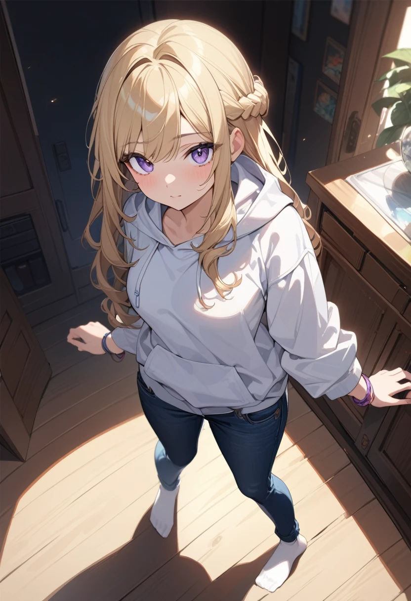 masterpiece, best quality, extremely detailed, ultra detailed, flat anime, 2D, 1girl, (young adult:1.2),blonde hair, (semi-long hair:1.2), curly hair, french braid, medium breasts, purple eyes, tsurime, height 1.7meters, white hooded sweatshirt, jeans,bracelet, long sleeves,socks, full body, portrait, Top Light, spotlight
, , very interesting, summer, livingroom, standing, from above