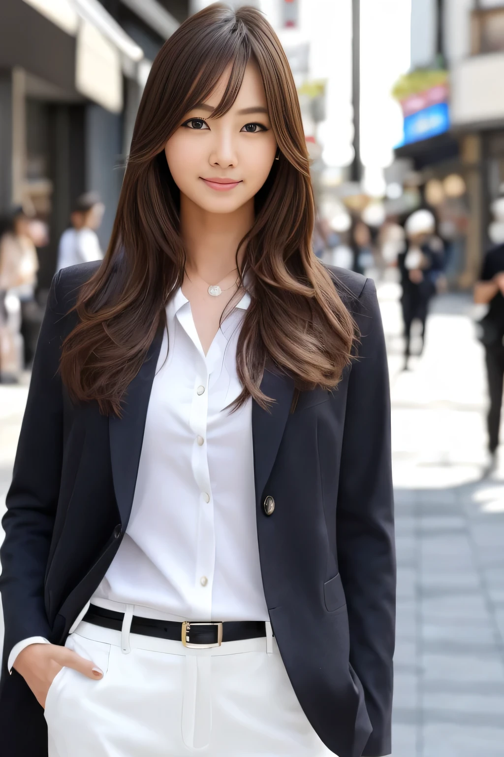 What it's like to be a model、Chic and casual clothing、Delicate face、good looking、Her hair color is brown.、Brown eyes、Daytime on a sunny day、Cool standing figure、Fukuoka Tenjin streetscape、Live-action shooting style、High resolution 8k、Bright smile、Looks like a male model、Actor from Miami Vice、