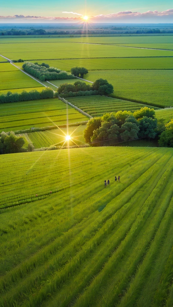 the sun rising over a vast field with lush crops.