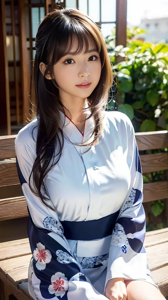 masterpiece, Highest quality,16K, Ultra-high resolution,The light and shadow of reality,Cinema Lenses,((Very skinny)),((Her waist is so slim and beautiful)),((High nose、Small Mouth)),((Clean and slim face line)),((Big dark eyes with long eyelashes)),((Very small face))((Very slim and beautiful arms)),((She is very slim and has a great figure)),((Pure white beautiful skin)),((Cute Japanese Girls)),(((Navy blue floral long sleeve kimono、Long sleeve yukata))),((Sitting on a bench in a stylish cafe)),(Beautiful Eyes:1.1),Reflecting clear eyes and a gentle smile,