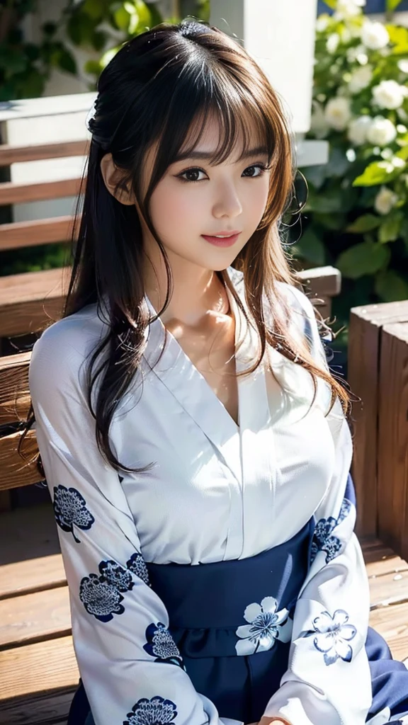masterpiece, Highest quality,16K, Ultra-high resolution,The light and shadow of reality,Cinema Lenses,((Very skinny)),((Her waist is so slim and beautiful)),((High nose、Small Mouth)),((Clean and slim face line)),((Big dark eyes with long eyelashes)),((Very small face))((Very slim and beautiful arms)),((She is very slim and has a great figure)),((Pure white beautiful skin)),((Cute Japanese Girls)),(((Navy blue floral long sleeve kimono、Long sleeve yukata))),((Sitting on a bench in a stylish cafe)),(Beautiful Eyes:1.1),Reflecting clear eyes and a gentle smile,
