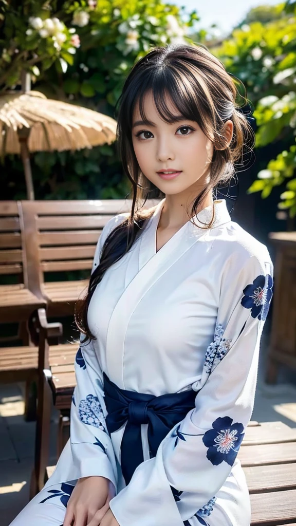 masterpiece, Highest quality,16K, Ultra-high resolution,The light and shadow of reality,Cinema Lenses,((Very skinny)),((Her waist is so slim and beautiful)),((High nose、Small Mouth)),((Clean and slim face line)),((Big dark eyes with long eyelashes)),((Very small face))((Very slim and beautiful arms)),((She is very slim and has a great figure)),((Pure white beautiful skin)),((Cute Japanese Girls)),(((Navy blue floral long sleeve kimono、Long sleeve yukata))),((Sitting on a bench in a stylish cafe)),(Beautiful Eyes:1.1),Reflecting clear eyes and a gentle smile,