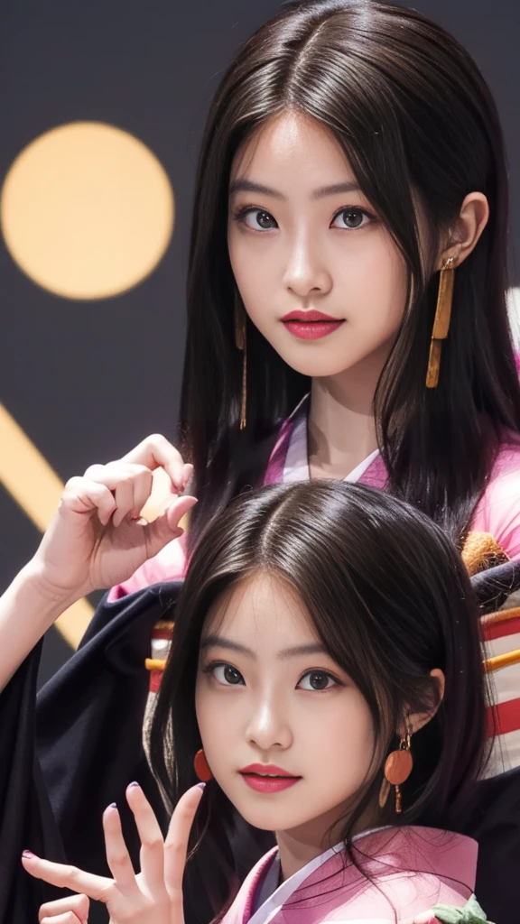 Cute Japanese woman, (16 years old), (very cute face), white moisturized skin, looking at the camera, melancholy expression,
BREAK,
Idol,
BREAK,
(wearing cute kimono: 1.3), (highly revealing kimono), very large earrings, short length,
BREAK,
(fighting pose: 1.3),
BREAK,
(long hair), (pink hair: 1.2), (wavy hair), (gradient hair: 1.3), (red hair at the ends),
BREAK,
(realistic: 1.3), masterpiece, perfect lighting, (ultra-high resolution), (8K), (highly detailed: 1.4), (from the front), (full body: 1.4), (symmetrical: 1.2), (one shot),
BREAK,
(Shibuya city in Japan: 1.2),
BREAK,
(Demon Slayer: 1.4),
BREAK,
(Imada Mio: 1.4),