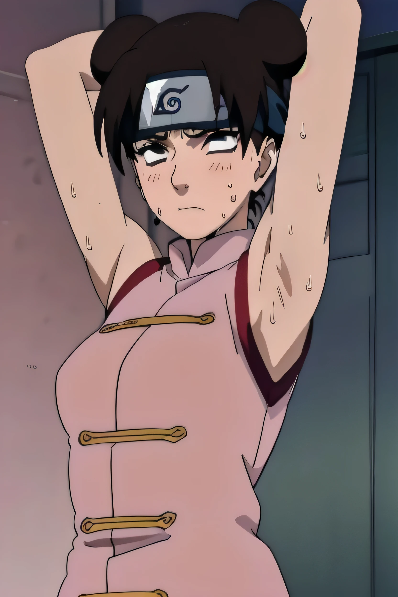 Tenten,solo,armpits,wet armpits, showing wet armpits, armpit,armpits,sweat,sweaty,sweaty armpits,awesome armpits,tired,exhausted,arms up,arm warmers,sleeveless, moderately sized breasts