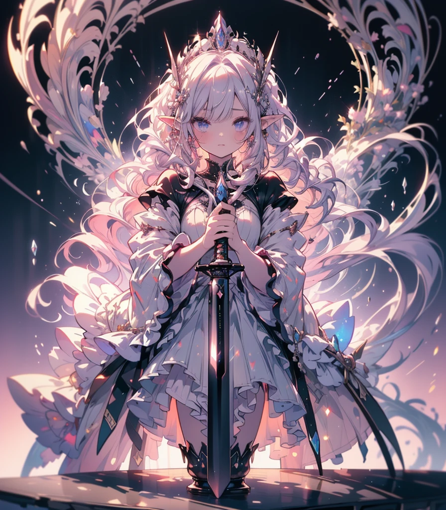 (masterpiece,Highest quality, Very detailed, beautiful, Exquisite, 16K, Full HD),((Whole body)), ((Dark Gothic Castle Background)),((seriously,Murderous Intent:1.5)),(Pale-white flame magic),((Frills, Rhinestones and Silver,Black fluffy layered ball gown)),((Holding a sword:1.5)),(Black tiara,Black choker,Black Earrings,Black shoes,),(Silver Medium Hair,Hair blowing in the wind, Fluffy hair),(White skin,Lavender eyes, Long eyelashes, Big eyes,Pale pink cheeks, Pointed Ears), (Tabletop, Art Station, Fantasy art:1.2),