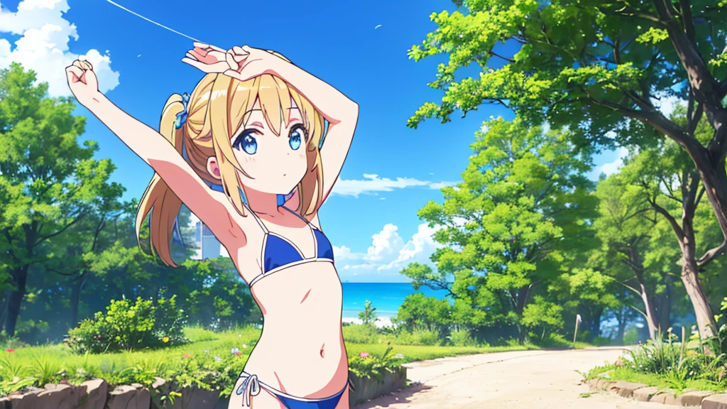 (masterpiece: 1.6, Best Quality), (fine beautiful eyes: 1.2), ph_rapid eye movement, remhd, 1 girl, For the blue, Alone, blue eyes, maid, Mar, Bay, light, tree, Ola, Raise your arms, Micro bikini, swimsuit