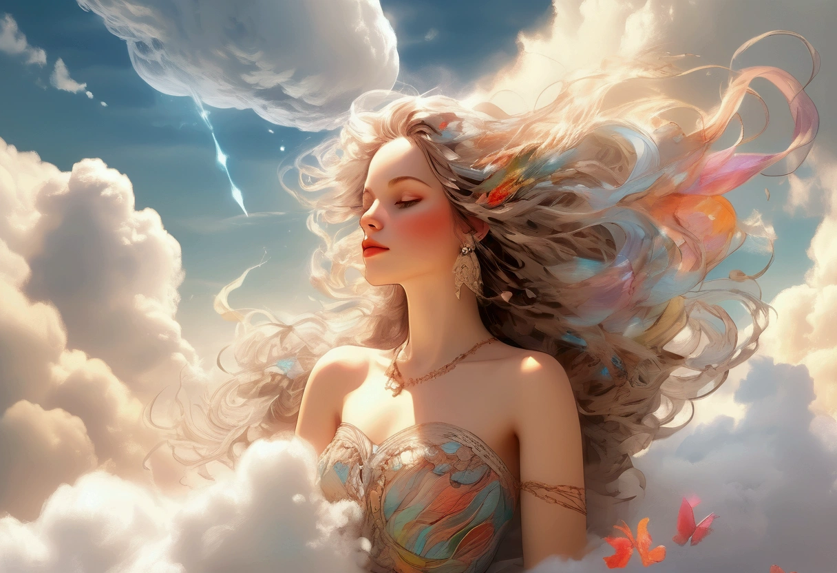 surrealistic goddess woman sitting on cloud, beautiful landscape, sketch, pen drawing, white background, highly detailed, photorealistic, dramatic lighting, vibrant colors, masterpiece, (best quality,4k,8k,highres,masterpiece:1.2),ultra-detailed,(realistic,photorealistic,photo-realistic:1.37),intricate details,cinematic composition,dramatic pose,elegant features,porcelain skin,piercing eyes,full lips,flowing hair,dreamy atmosphere,divine presence,ethereal beauty,floating in clouds,stunning scenery,natural elements,inspired by Bill Sienkiewicz
