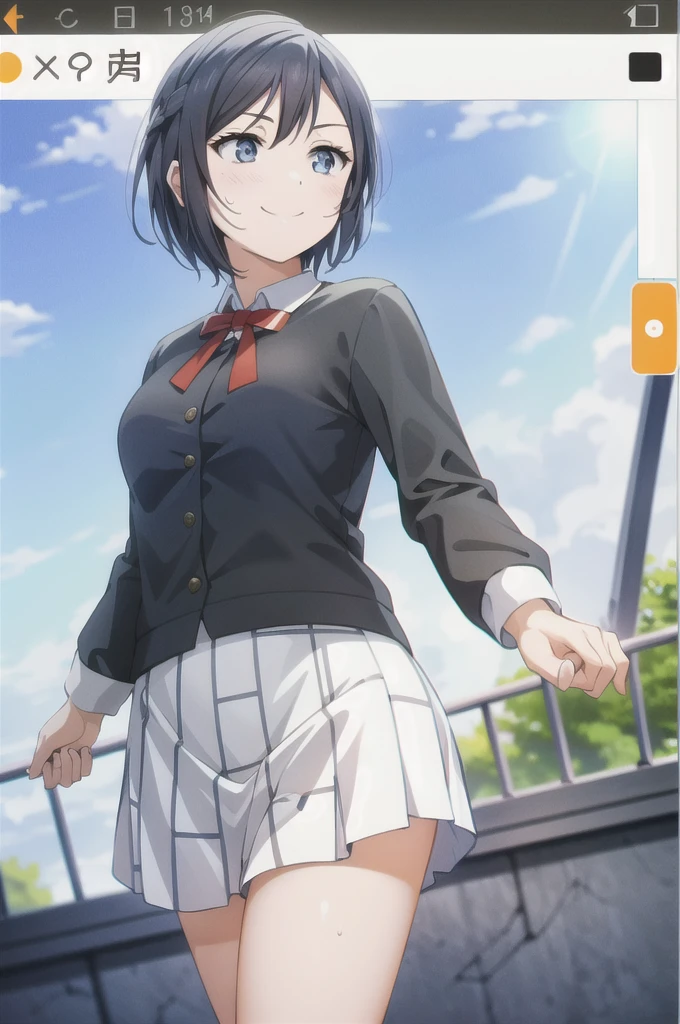 (Highest quality, masterpiece:1.2), One Girl, alone, anime, anime screencap,  Ray Tracing, Global Illumination, ultra hi resolution picture, Bright colors,  Cinematic Light,  Lens flare,  Light on the face, Glowing Eyes,  Written boundary depth, Happy, Detailed Background, cute,  straight, smile, View your audience, Outdoor, null, cloud, 
 Yuki Setuna, Cowboy Shot，short hair，The smell of sweat嗅ぐ，Smelling sweaty hands，The smell of sweat，A bit smelly