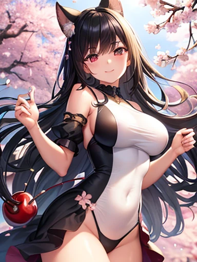 ((masterpiece, Highest quality)), ((High resolution)), (Photo Real), Best Shadow, Attention to detail, Very detailed, (Nice hands, Perfect hands), (Face Focus:1.2), ((1 girl)), beautiful girl, Age 25, (Long black hair:1.5), (Large Breasts:1.3), (View from the front), (Very thin:1.3), (Cute Face:1.3), (View the viewer:1.4), Detailed facial features,Droopy eyes, Sharp focus, perfect beautiful body and face, Perfectly focused, Long Bangs, (in night garden:1.4), (Captivating smile:1.5), (Iris), ((High School Costumes:1.5)), Are standing, ((Cherry Blossom:1.4)), spring, the wind is strong