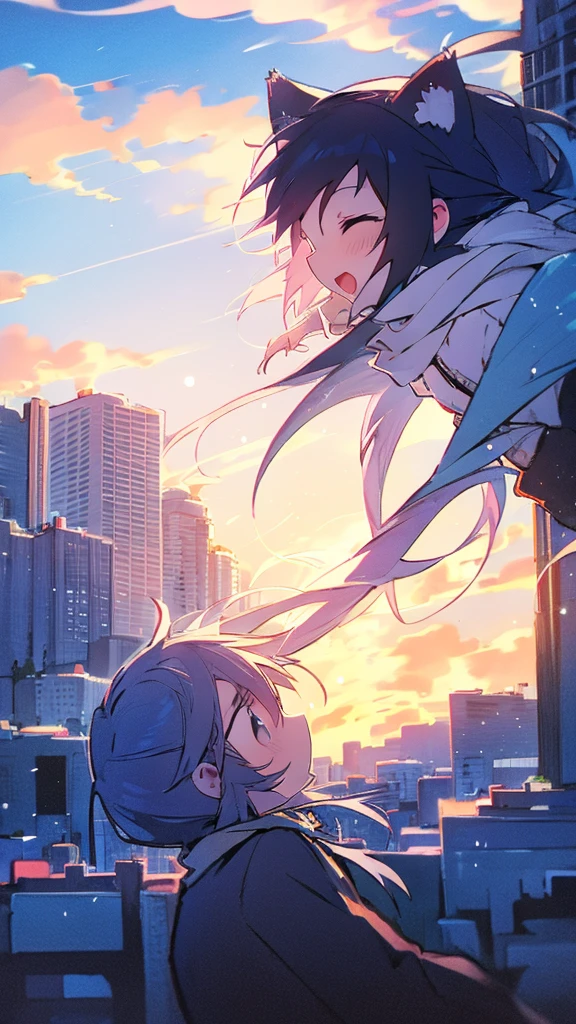 Buildings,sunset,Blue background,splash,Black haired girl with cat,Long Hair,