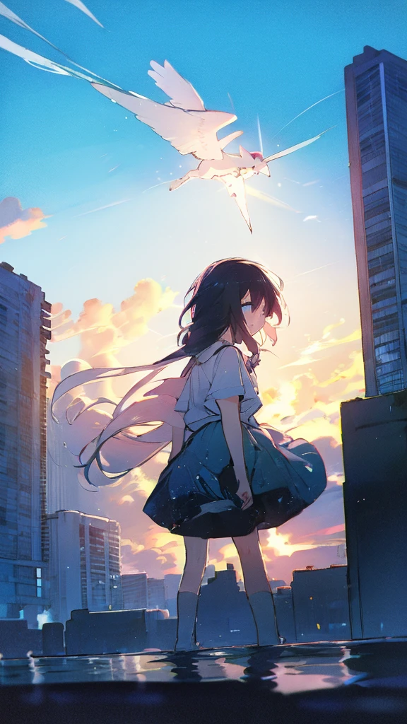 Buildings,sunset,Blue background,splash,Black haired girl with cat,Long Hair,