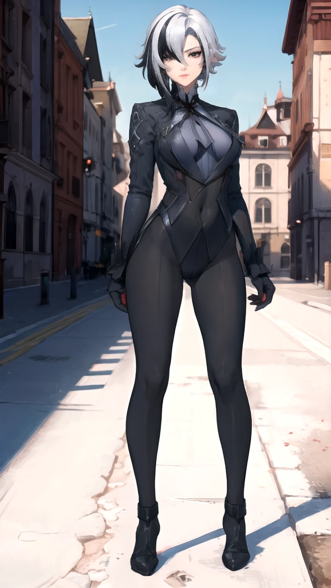 thick outlines, comics, photorealistic, perfect hands, masterpiece:1.2, body and face close, ass pov, beautiful figure, red crosses instead of pupils, full length (full body 1.1), кафедральный cathedral, Dark, Gothic,  detailed background, snow, cathedral, 1 girl, One, White hair, black hair, multicolored hair, X-shaped pupils, black eyes, Arles_suit, , detailed background, detailed face, detailed eyes, 