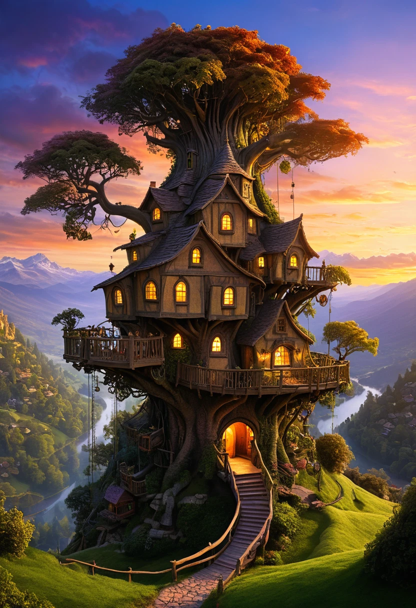 valley, fairytale treehouse village covered, , matte painting, highly detailed, dynamic lighting, cinematic, realism, realistic, photo real, sunset, detailed, high contrast, denoised, centered, Michael Whelan
