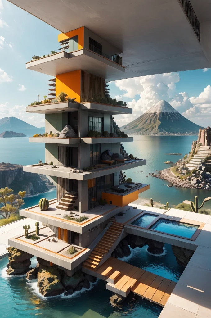 An illustration in collage style, with giant boulders, brutalist building sections, terraces, stairs, cacti, agave, concrete texture, multiple geometric shapes, hatch and cross hatching, planet saturn, volcano, moon, Luis Barragán's architectural style build, milky way galaxy, violet, one motorcycle, An illustration in collage style, with giant boulders, brutalist building sections, stairs, cacti, agave, concrete texture, multiple geometric shapes, hatch and cross hatching, planet saturn, volcano, moon, Luis Barragán's architectural style build, reflective pool, terraces. An elegant and modern build, in top of big boulders, with terraces, materials concrete, wood, steel and crystal, various gardens with tropical vegetation, cacti and rocks, stairs, a pool. In middle of sea, a big wave near, sunset, mountains and a volcano in the horizont, cute islands around, illustration format, cute color palette, detailed, masterpiece, award-winning work, clouds, Illustration, a garden with abundant cacti, ((various organic sculptures)), ((big rocks)), (((multiple sections))), collage style, detailed, (((color palette (olive green), (Mustard orange), cool grey, ((blue)), black and white))), (((a lot Luis barragán's architecture style builds))) big clouds, volcano in horizon, stairs, in the desert. ((masterpiece, best quality)),illustration,ultra detailed 8k, ((Ori Toor visual style)),soviet, megabuildings, megastructures, buildings, organic steel sculpture