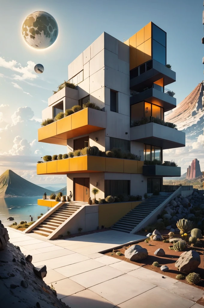 An illustration in collage style, with giant boulders, brutalist building sections, terraces, stairs, cacti, agave, concrete texture, multiple geometric shapes, hatch and cross hatching, planet saturn, volcano, moon, Luis Barragán's architectural style build, milky way galaxy, violet, one motorcycle, An illustration in collage style, with giant boulders, brutalist building sections, stairs, cacti, agave, concrete texture, multiple geometric shapes, hatch and cross hatching, planet saturn, volcano, moon, Luis Barragán's architectural style build, reflective pool, terraces. An elegant and modern build, in top of big boulders, with terraces, materials concrete, wood, steel and crystal, various gardens with tropical vegetation, cacti and rocks, stairs, a pool. In middle of sea, a big wave near, sunset, mountains and a volcano in the horizont, cute islands around, illustration format, cute color palette, detailed, masterpiece, award-winning work, clouds, Illustration, a garden with abundant cacti, ((various organic sculptures)), ((big rocks)), (((multiple sections))), collage style, detailed, (((color palette (olive green), (Mustard orange), cool grey, ((blue)), black and white))), (((a lot Luis barragán's architecture style builds))) big clouds, volcano in horizon, stairs, in the desert. ((masterpiece, best quality)),illustration,ultra detailed 8k, ((Ori Toor visual style)),soviet, megabuildings, megastructures, buildings, organic steel sculpture