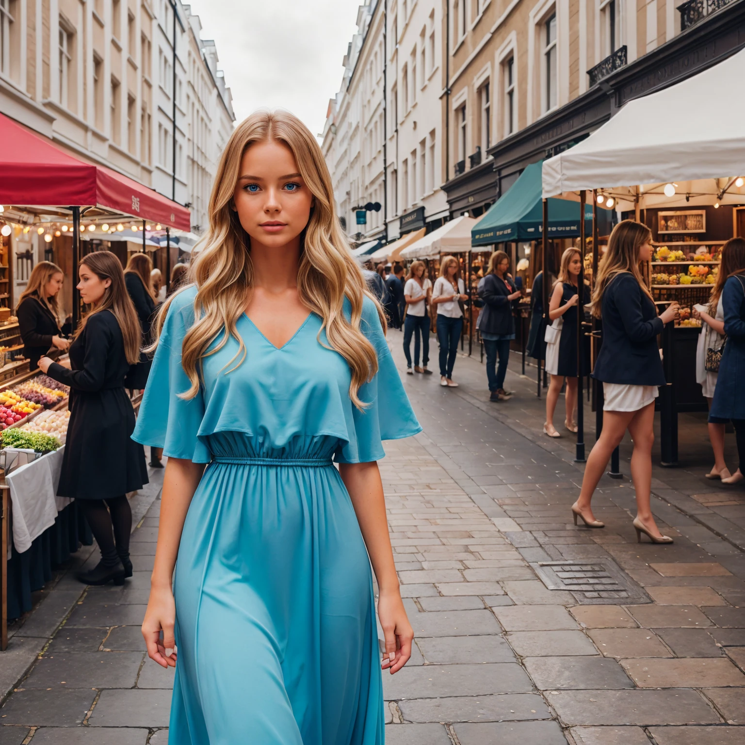 professional portrait photograph of a gorgeous 18 year,Norwegian girl Lise Olsen in the vibrant and charming streets of Covent Garden, London, with colorful market stalls and street performers in the background, long wavy blonde hair,blue eye,sultry flirty look, gorgeous symmetrical face, cute natural makeup,in an elegant, flowing evening dress,((standing))ultra realistic,elegant, highly detailed, intricate, sharp focus, depth of field, f/1. 8, 85mm,(((professionally color graded))), bright soft diffused light, (volumetric fog), trending on instagram, hdr 4k, 8k