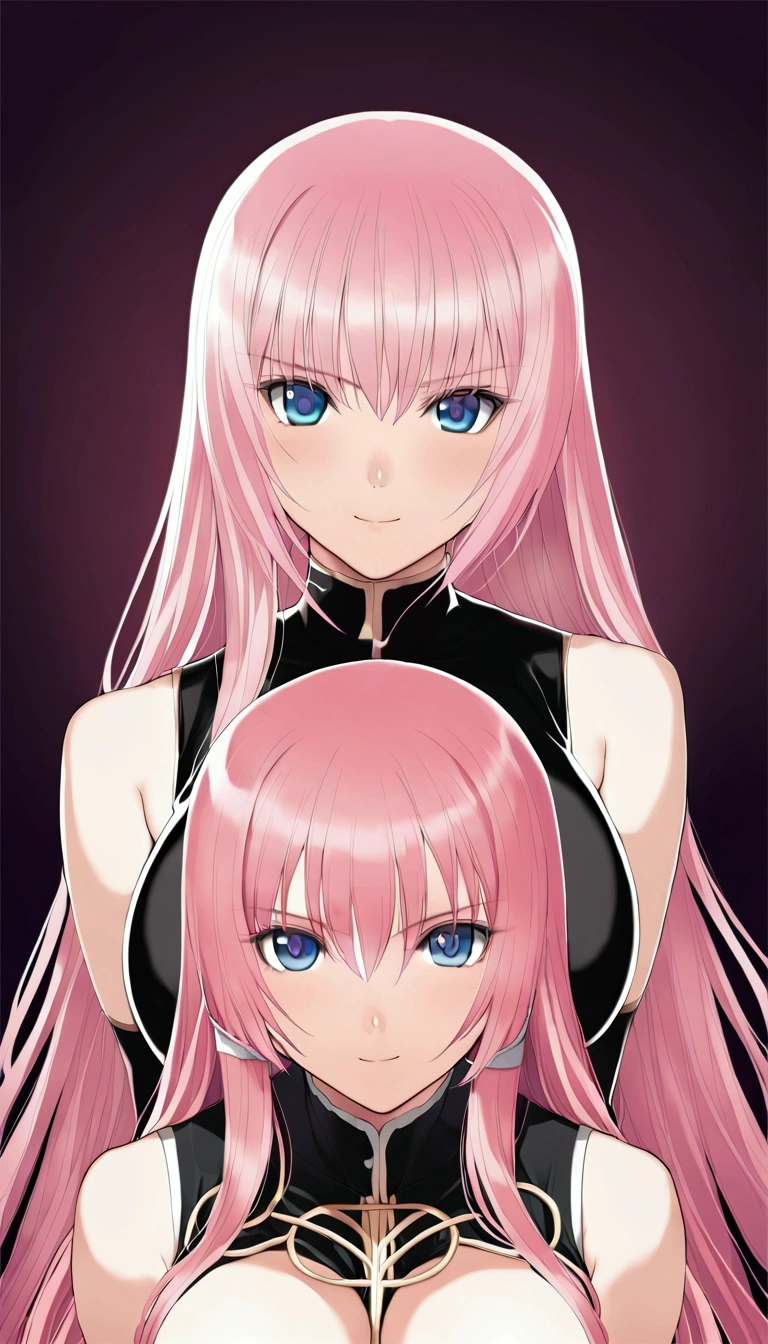 masterpiece ,Megurine Luka,E cup breasts,Pink long hair,blue eyes,Black Uniform,smile,bedroom,