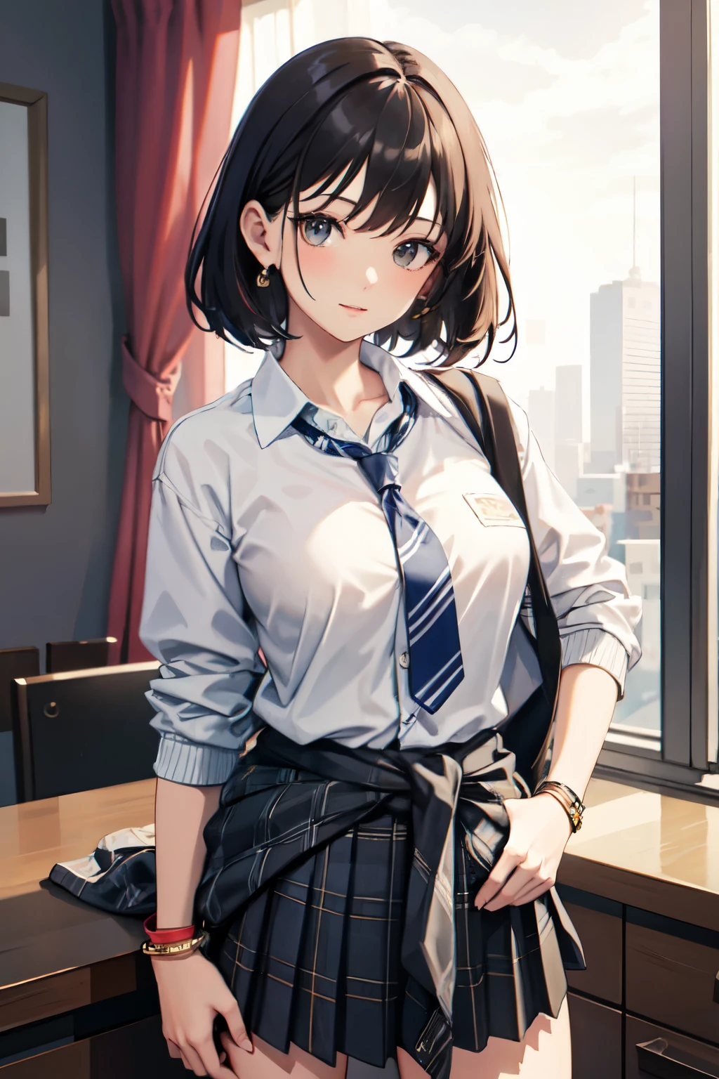 ((Highest quality)), ((masterpiece)), (detailed), One girl, Sexy Cardigan, cardigan around waist, clothes around waist, loose necktie, open collar, plaid, plaid skirt, pleated skirt, , skirt, sleeves rolled up, Wristband