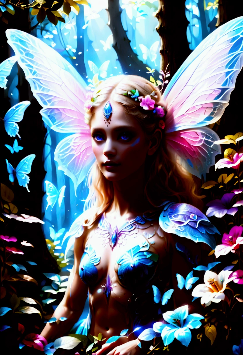 a picture of a jungle fairy, an extraordinary beautiful, elegant beauty, divine beautiful fairy, ((anatomically correct: 1.5)) spread butterfly wings, blue and purple wings, pink eyes, glowing eyes, (ultra detailed face: 1.2), best detailed face,  blond hair, rich hair, wavy hair, glamour dress, wild dress, dress decorated with jungle flowers,  sitting on massive heliconia tree the rain forest, sun rays coming through the trees, Hyperrealism style, vibrant, Ultra-high resolution, High Contrast, (masterpiece:1.5), highest quality, Best aesthetics), best details, best quality, highres, ultra wide angle, 16k, [ultra detailed], masterpiece, best quality, (extremely detailed) RAW, chumbasket art style, FairyTaleAI, fairy wings, 