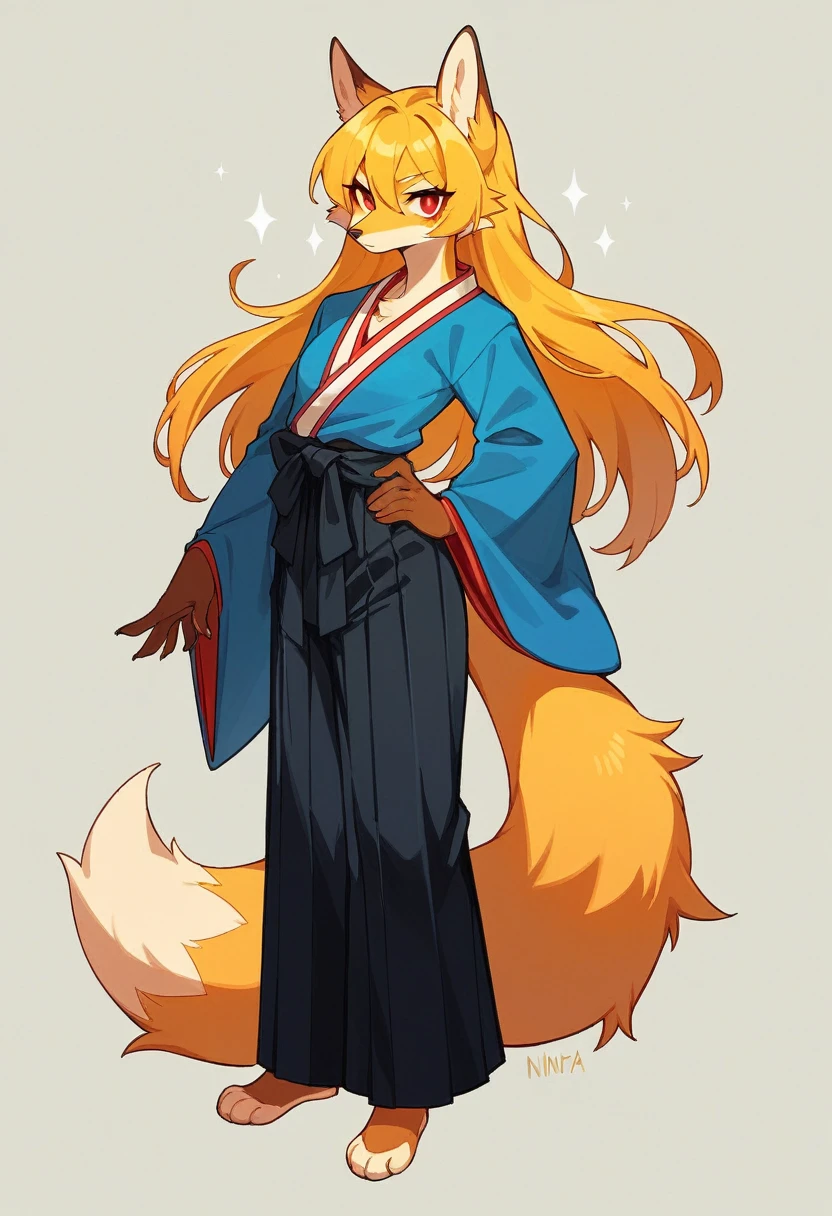 (full body,,The left hand is on the hip),((The right hand is out in front,Nine-tailed tail,)),small breasts,Adult female fox, Furry, Golden fur, Golden facial fur, long golden hair, The hair on his hands is golden, Golden yellow hair on the back of the hand, Light-filled eyes, Red eyes, Brown elements of fur,A plain dark blue kimono,Black Hakama,Very fine fur, Fluffy tail,