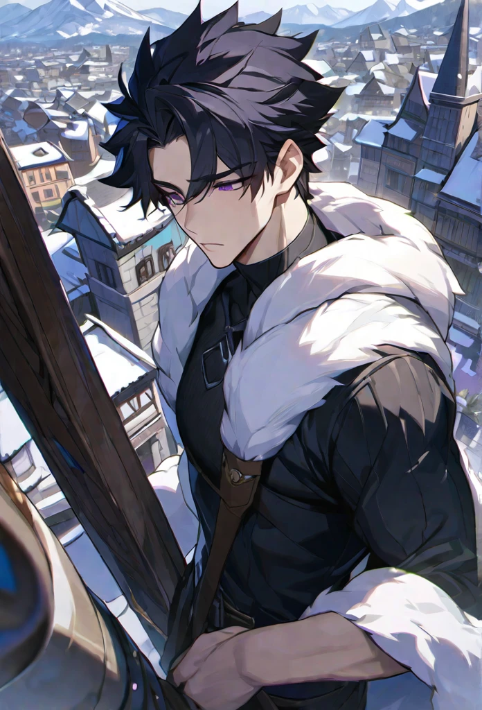 alone, 1 male, Short black hair, Purple eyes, Black Shirt,middle ages、A city with a snowy mountain in the background、Big tower in the center of town、white fur hood, Sniper、Masterpiece、Highest quality