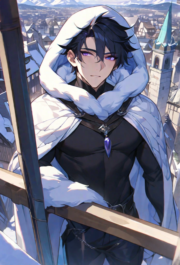 alone, 1 male, Short black hair, Purple eyes, Black Shirt,middle ages、A city with a snowy mountain in the background、Big tower in the center of town、white fur hood, Sniper、Masterpiece、Highest quality