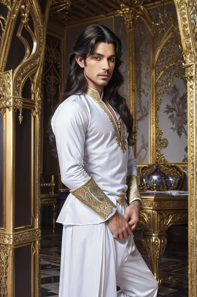 ((best quality)), ((masterpiece)), (detailed), (( prince)) , ((male)) , ,(( fairytale)), , ((fairytale background)), ((royal and clothes)), ((pointy ears)), ((long and luscious hairs)),, ((royal white shirt and black bottoms)), ((jwellery)) , ((without top))