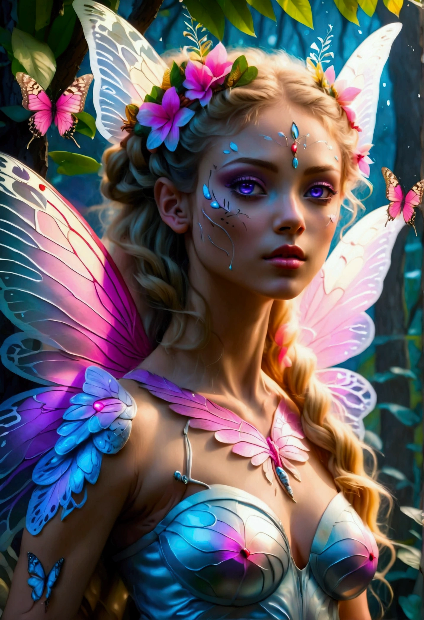 a picture of a jungle fairy, an extraordinary beautiful, elegant beauty, divine beautiful fairy, ((anatomically correct: 1.5)) spread butterfly wings, blue and purple wings, pink eyes, glowing eyes, (ultra detailed face: 1.2), best detailed face,  blond hair, rich hair, wavy hair, glamour dress, wild dress, dress decorated with jungle flowers,  sitting on massive heliconia tree the rain forest, sun rays coming through the trees, Hyperrealism style, vibrant, Ultra-high resolution, High Contrast, (masterpiece:1.5), highest quality, Best aesthetics), best details, best quality, highres, ultra wide angle, 16k, [ultra detailed], masterpiece, best quality, (extremely detailed) RAW, chumbasket art style, FairyTaleAI, fairy wings, chumbasket art style 