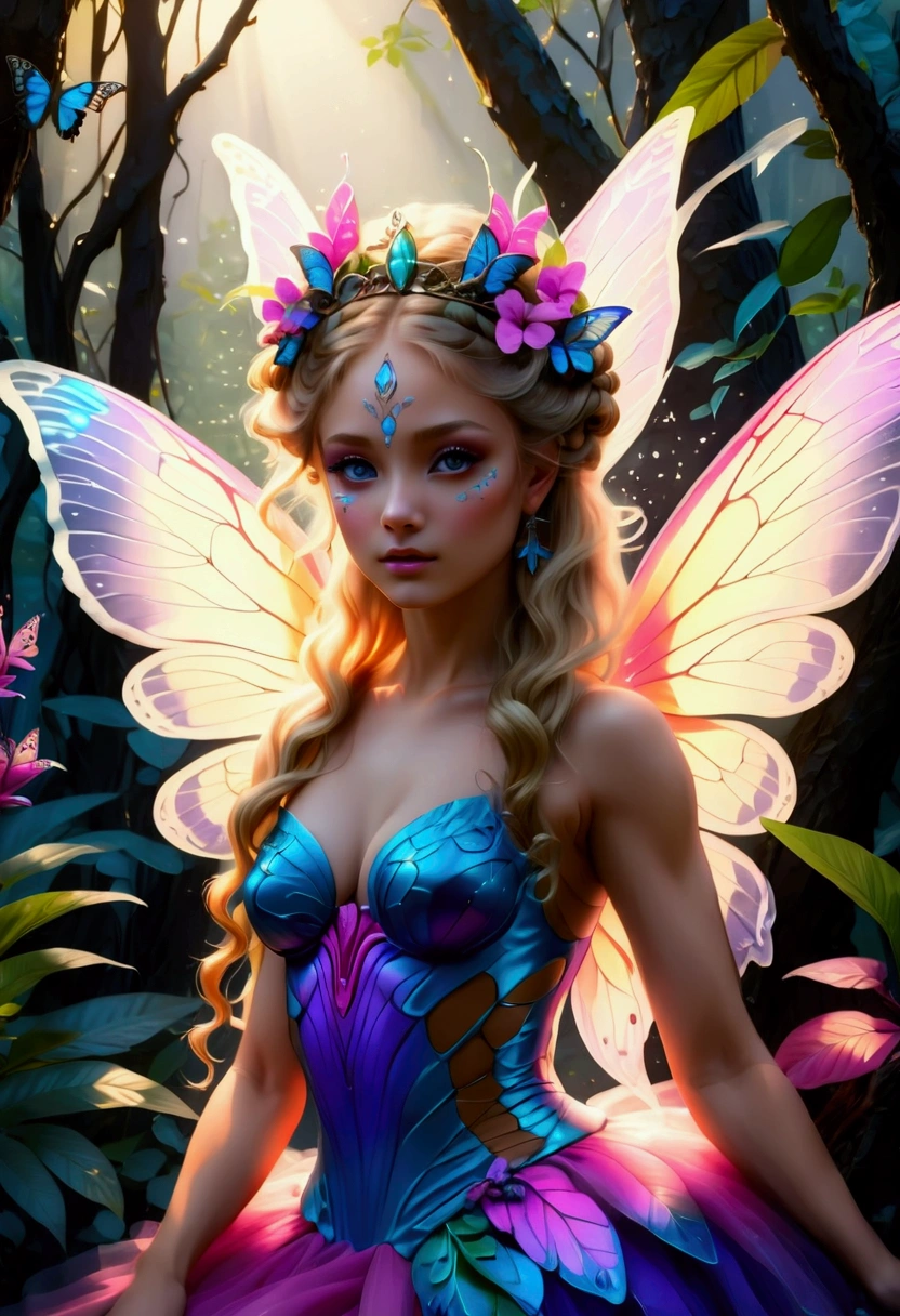 a picture of a jungle fairy, an extraordinary beautiful, elegant beauty, divine beautiful fairy, ((anatomically correct: 1.5)) spread erfly wings, blue and purple wings, pink eyes, glowing eyes, (ultra detailed face: 1.2), best detailed face,  blond hair, rich hair, wavy hair, glamour dress, wild dress, dress decorated with jungle flowers,  sitting on massive heliconia tree the rain forest, sun rays coming through the trees, Hyperrealism style, vibrant, Ultra-high resolution, High Contrast, (masterpiece:1.5), highest quality, Best aesthetics), best details, best quality, highres, ultra wide angle, 16k, [ultra detailed], masterpiece, best quality, (extremely detailed) RAW, chumbasket art style, FairyTaleAI, fairy wings, 