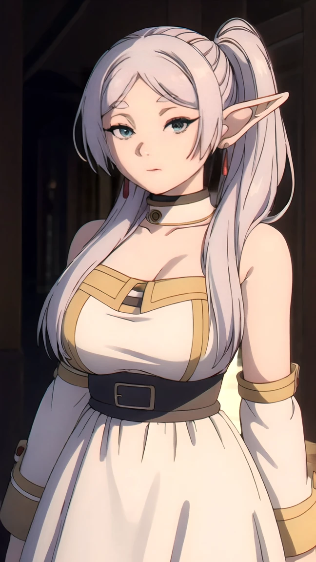 hehehehe®,1 girl,One,elf,White hair,White hair,earrisleeveless dress,White dress,sleeveless dress,bare shoulders,clavicle,ngs,pointed ears,long hair,Ponytail,green eyes,ponytail,parted bangs,thick eyebrows,nsfv,,split,nsfv, 20 years,young woman,Beautiful finger,beautiful long legs,beautiful body,Beautiful нос,Beautiful character design, Perfect eyes, perfect face,expressive eyes,
I look at the viewer,
official art,чрезвычайно подробные обои CG Unity 8k, perfect lighting,colorful, Bright_Front_face_Lighting,Shiny skin, 
(masterpiece:1.0),(best_quality:1.0), сверхa high resolution,4K,ultra detailed,
photo, 8 K, HDR, a high resolution, absurdity:1.2, Kodak portrait 400, granularity, blurred background, hips:1.2, lens flare, (Bright_color:1.2), (Beautiful_face:1.5),(narrow_waist), ,nsfv,, Exquisite visual effects, a high resolution,masterpiece,best quality, huge breasts, big breasts, big breasts, big tits, huge tits, big , 21, adult