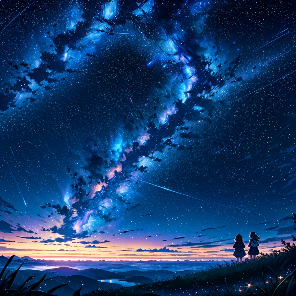 Two girls, midnight \(banyex\),(Beautiful starry sky like a magical world: 1.5),(Detailed background writing: 1.5:OUTD),
3+ girls
