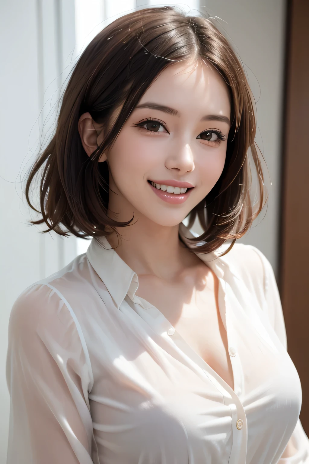 ((masterpiece)), ((Highest quality)), ((Complex)), ((Surreal)), (Realistic), (Mature Woman), ((No classes)), Very detailed, (1 female), Beautiful and exquisite, (Beautiful Teeth), Grin, Brunette bob hair, Brown eyes, ((blouse)), (Upper Body), (background:none), Perfect Eyes, Captivating eyes, Looking at the audience