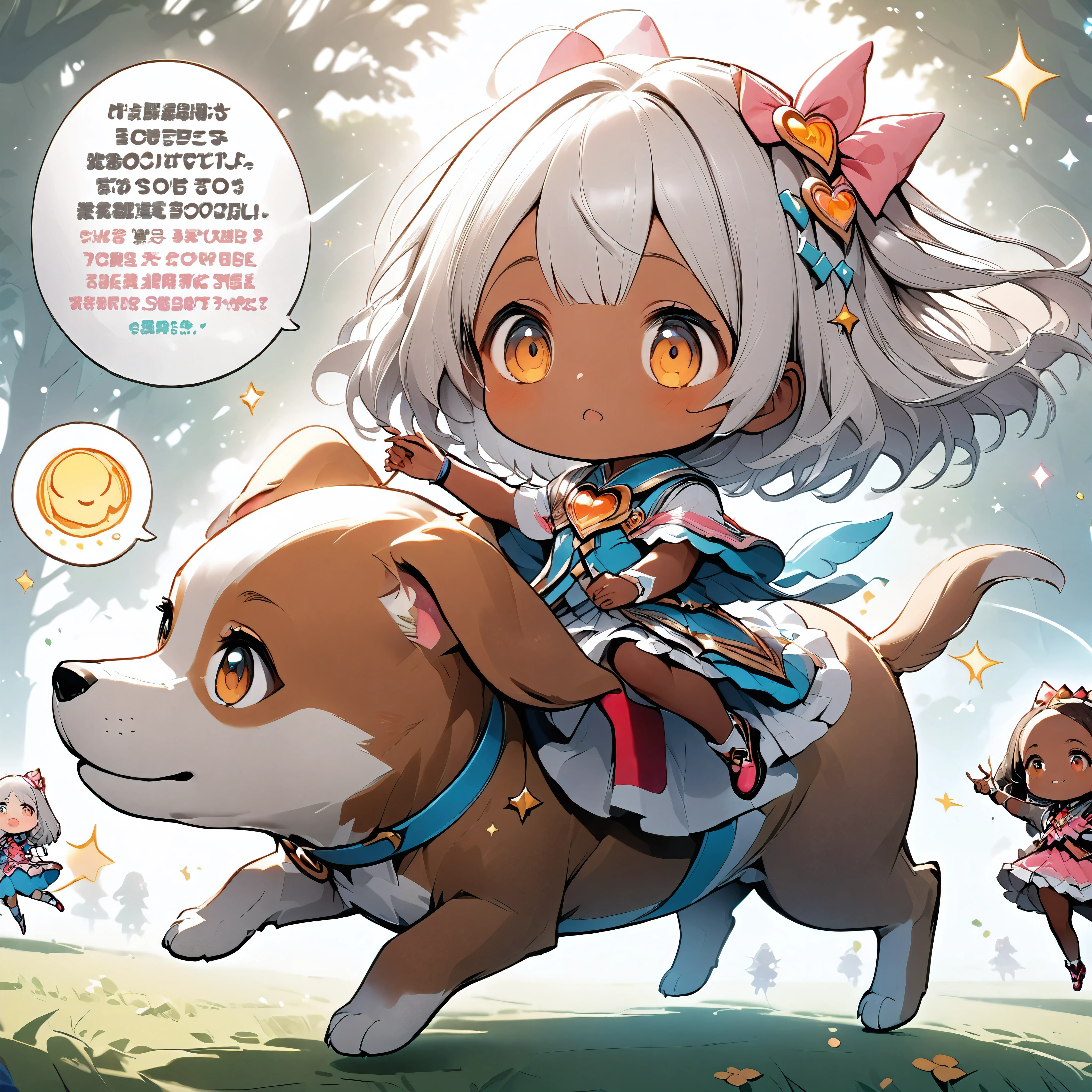 Two girls riding on a jumping puppy, Detailed description of the first person, dark skinned female, Cute shy, hzk, BREAK Detailed explanation of the second person, Magical Girl, curious girl, ARW,