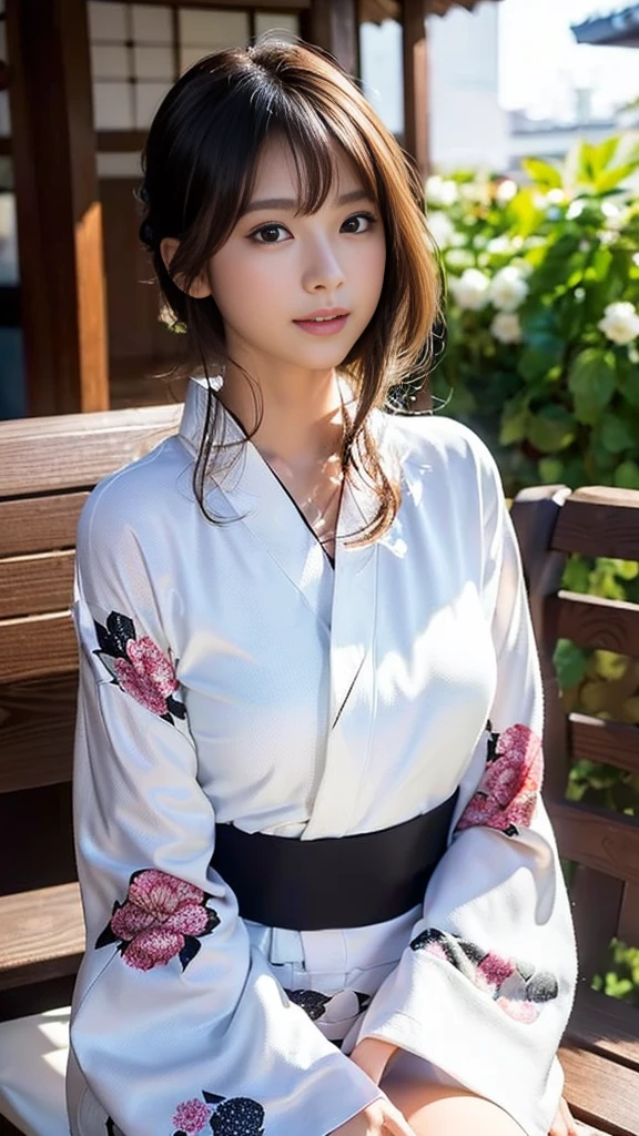 masterpiece, Highest quality,16K, Ultra-high resolution,The light and shadow of reality,Cinema Lenses,((Very skinny)),((Her waist is so slim and beautiful)),((High nose、Small Mouth)),((Clean and slim face line)),((Big dark eyes with long eyelashes)),((Very small face))((Very slim and beautiful arms)),((She is very slim and has a great figure)),((Pure white beautiful skin)),((Cute Japanese Girls)),(((Black floral long sleeve kimono、Long sleeve yukata))),((Sitting on a bench in a stylish cafe)),(Beautiful Eyes:1.1),Reflecting clear eyes and a gentle smile,