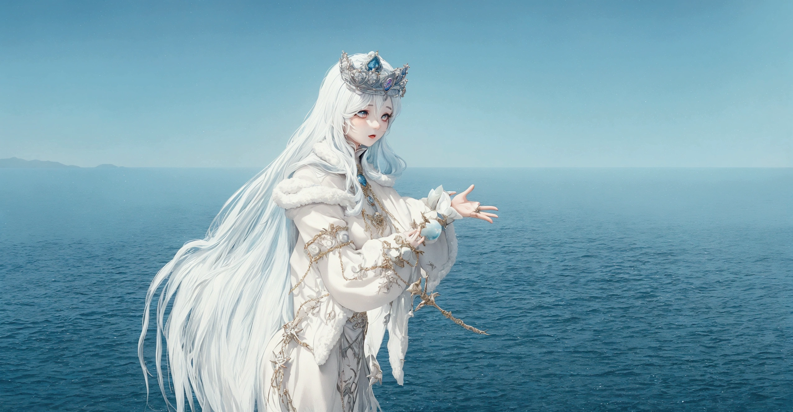 There was a woman，Gray hair，Wearing a crown on his head, Queen of the Sea Mu Yanling, Frozen queen, Albino Mystic, Ice Witch, Dressed like a priest, White-haired deity, Inspired by Ren Renfa, Princess of the Far North, After the sea, has long white hair, Beautiful fantasy queen, Ocean Goddess, Queen of Winter