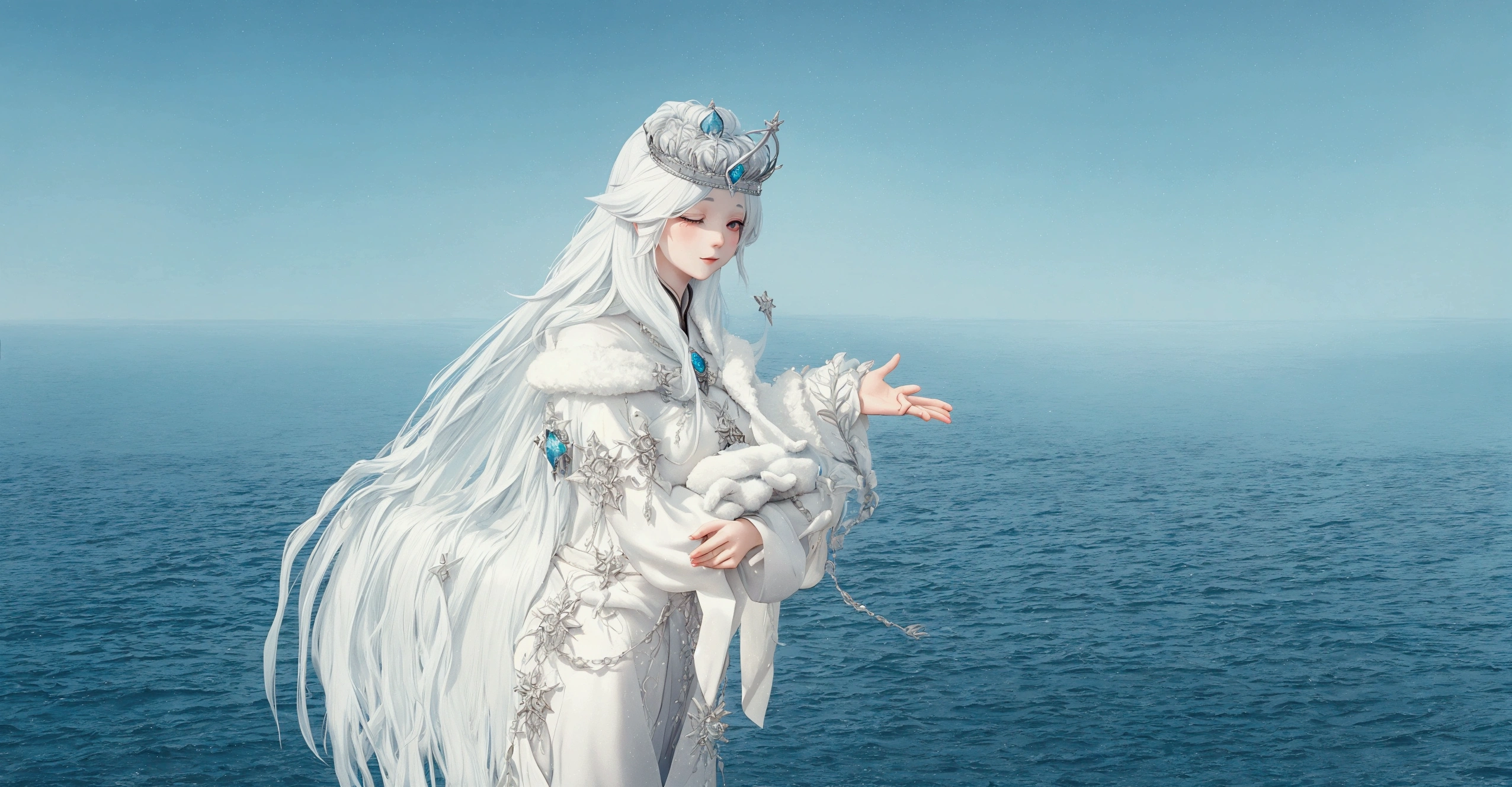 There was a woman,Gray hair,Wearing a crown on his head, Queen of the Sea Mu Yanling, Frozen queen, Albino Mystic, Ice Witch, Dressed like a priest, White-haired deity, Inspired by Ren Renfa, Princess of the Far North, After the sea, has long white hair, Beautiful fantasy queen, Ocean Goddess, Queen of Winter