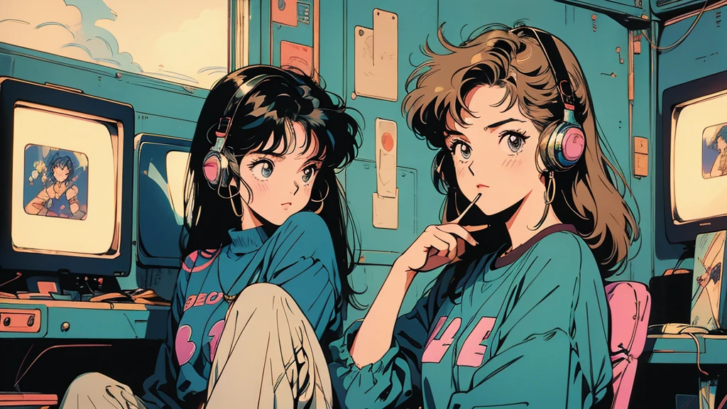Retro arcade anime one girl, 80年代のAnime atmosphere, 80s anime style, 1980's anime style, Retro anime images, Anime atmosphere, Playing games, smoking、4k、Wear headphones