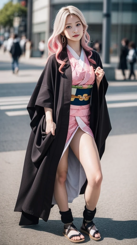 Cute Japanese woman, (), (very cute face), white moisturized skin, looking at the camera, melancholy expression,
BREAK,
Idol,
BREAK,
(wearing cute kimono: 1.3), (highly revealing kimono), very large earrings, short length,
BREAK,
(fighting pose: 1.3),
BREAK,
(long hair), (pink hair: 1.2), (wavy hair), (gradient hair: 1.3), (red hair at the ends),
BREAK,
(realistic: 1.3), masterpiece, perfect lighting, (ultra-high resolution), (8K), (highly detailed: 1.4), (from the front), (full body: 1.4), (symmetrical: 1.2), (one shot),
BREAK,
(Shibuya city in Japan: 1.2),
BREAK,
(Demon Slayer: 1.4),
BREAK,
(Imada Mio: 1.4),