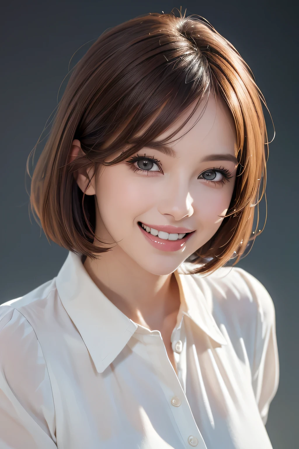 ((masterpiece)), ((Highest quality)), ((Complex)), ((Surreal)), (Realistic), (Mature Woman), ((No classes)), Very detailed, (1 female), Beautiful and exquisite, (Beautiful Teeth), Grin, Brunette bob hair, Brown eyes, ((blouse)), (Upper Body), (background:none), Perfect Eyes, Captivating eyes, Looking at the audience