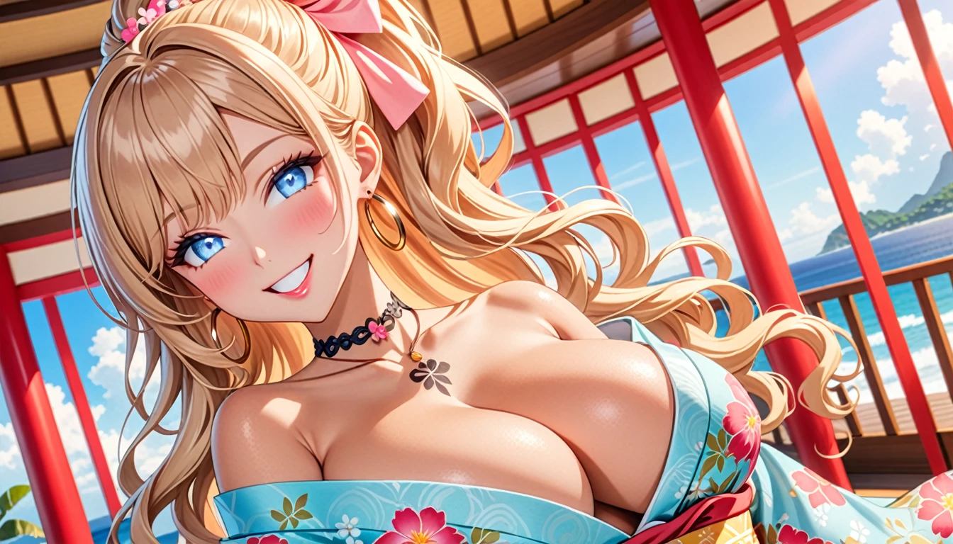 ultra-detailed, ((one girl)), ((portrait)), (tan skin:1.4), in pastel colors gyaru, (heavy makeup), (professional lighting) hyper detailed, absurdres, 8k, Beautiful Face, (Laugh shyly), ((teasing smile:1.8)), ((happy smile:1.5)),  ((Wink:1.4)), (Laugh with your mouth wide open),((Tilt your face:1.6)), View your viewers, ((Bright red cheeks:1.6)),Glossy shocking pink lips, ((huge :1.5)), undress tattoo peeked through her kimono:1.2)), noon, summer, Luxury resort with ocean view, ((Anime style background)),masterpiece, Highest quality, (Brighten your face), so beautiful,Latest, Complex details, ((fluorescent pink long nail:1.2)), (ring),(bracelet), (Floral Choker),AI-generated, Complex,High resolution, Highest quality, super high quality,3D Images、3D Images,One person, (blond long hair), (High Ponytail), (wavy hair:1.4), Anime woman posing for a photo, ((Fine grain、blue eyes、glowing eyes:1.4)), (Squint your eyes:1.1),a hyperRealistic , hyperRealistic , Realistic,Anime woman with long honey blonde hair, Smooth anime CG art, A girl in a gorgeous pastel-colored kimono, ((Pastel-colored furisode)),(Pink large floral pattern),  (sideboob), Long flower hair ornament,large gold hoop earrings, Mature Body, tallw waist,((dutch angle)), Shooting from an angle,