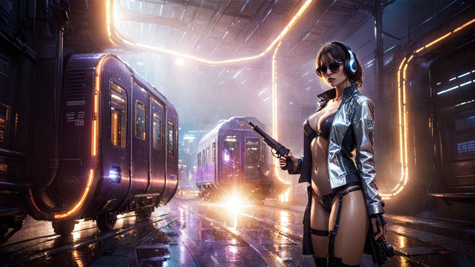 (((aerial view))), Blade Runner style futuristic railway platform, hi-tech train, neon lights, rainy night. (1girl, solo, alone), large-breast:1.2 slim body, cleavage:1.1, sexy lingerie with wet jacket, headphone, (black sunglasses), (((she raised a pistol:1.8 and shot:1.8 the viewer))), dynamic pose, (((half-body thigh level medium shot))), cinematic lighting, lens flare, ray tracing, blurred:1.4 background.