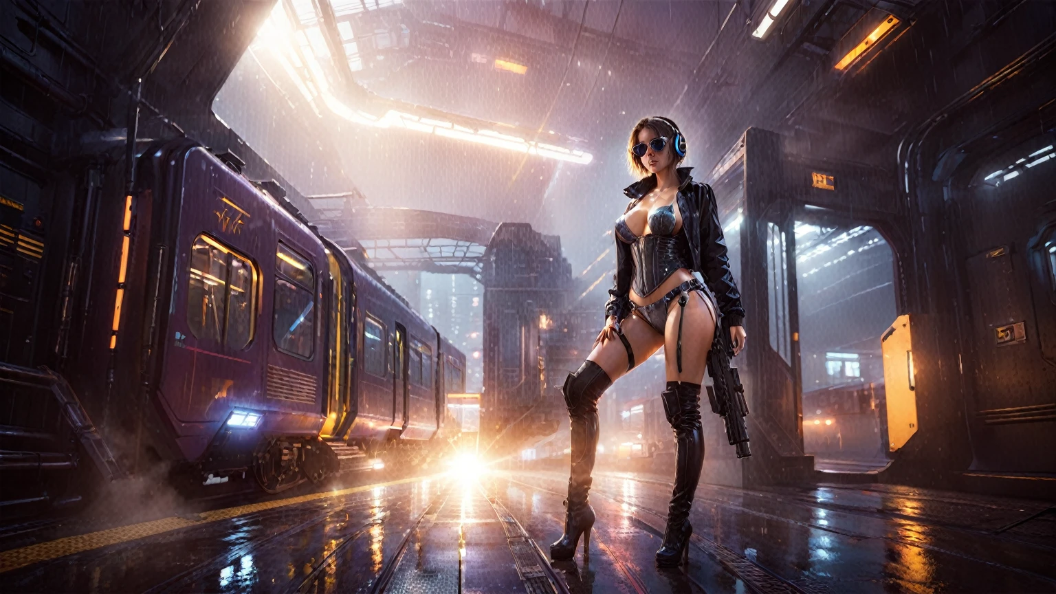 (((aerial view))), Blade Runner style futuristic railway platform, hi-tech train, neon lights, rainy night. (1girl, solo, alone), large-breast:1.2 slim body, cleavage:1.1, sexy lingerie with wet jacket, headphone, (black sunglasses), (((she raised a pistol:1.8 and shot:1.8 the viewer))), dynamic pose, (((half-body thigh level medium shot))), cinematic lighting, lens flare, ray tracing, blurred:1.4 background.