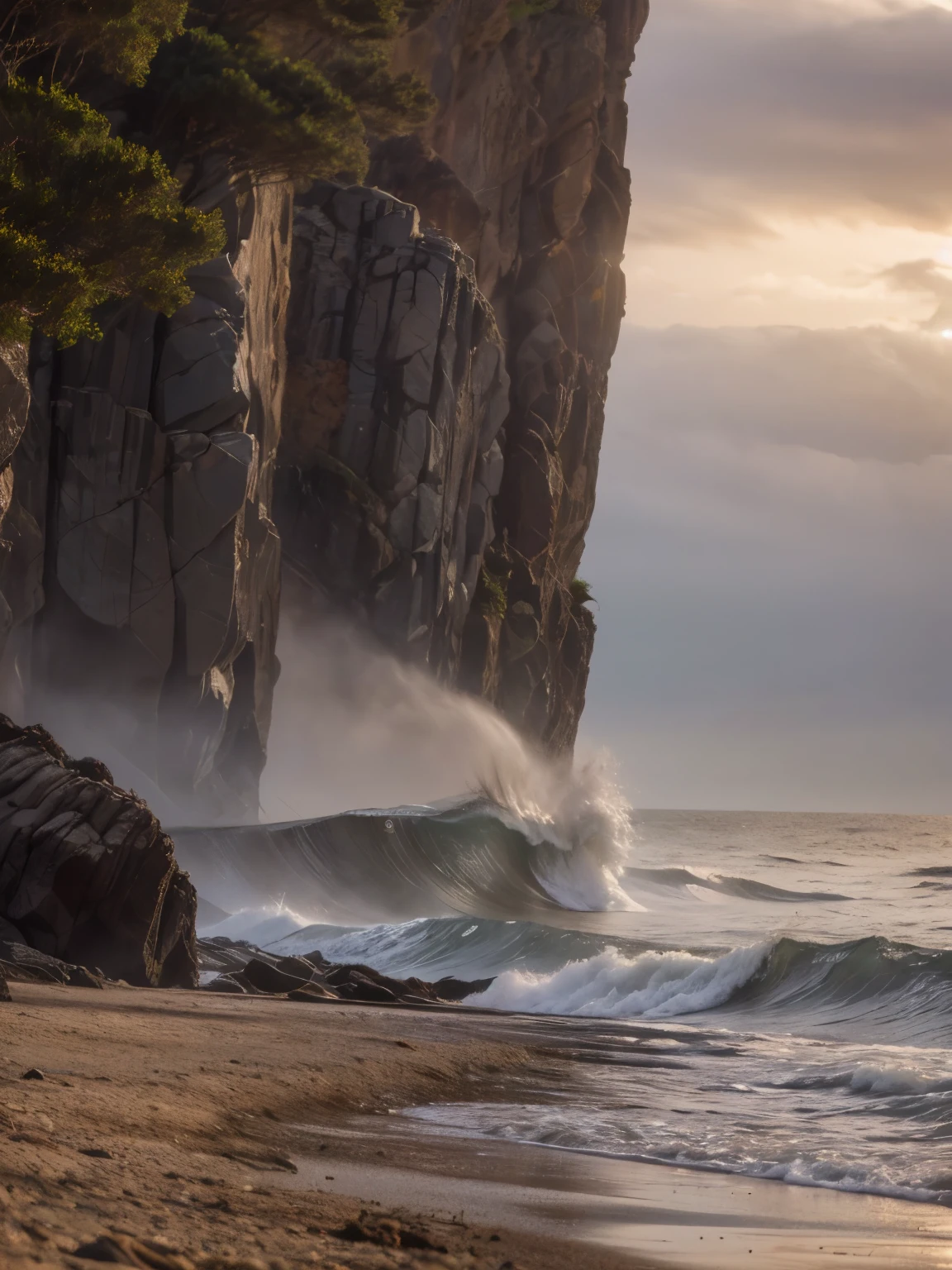 SUNRISE in year 1910, foggy, hazy. The coast of British Columbia, renowned for its rugged beauty, features a diverse and dramatic landscape. Along the shoreline, massive boulders and rocky outcrops are interspersed with patches of pebble-strewn beaches, creating a natural, textured terrain. The area is characterized by the temperate rainforest, which extends down to the coast, providing a lush, green backdrop of towering cedar, spruce, and hemlock trees. The Pacific Ocean here is dynamic and powerful, with waves that range from gentle swells to towering breakers, depending on the weather conditions. The water is cold year-round, with temperatures ranging from 8 to 14 degrees Celsius (46 to 57 degrees Fahrenheit), often necessitating the use of thick wetsuits for surfers. The tides are significant, with a high tidal range that exposes tide pools teeming with marine life at low tide and submerges rocky platforms at high tide. Sea foam and kelp are common sights, along with driftwood washed up along the shore. The waves can be clean and glassy on calm days, but more often, the sea is choppy, with strong winds creating whitecaps and turbulent conditions. Stormy weather brings even more dramatic scenes, with heavy rain, dark storm clouds, and high winds. The waves become formidable, crashing against the rocks with immense power, creating an awe-inspiring display of nature's force. Mist and fog frequently roll in from the ocean, adding an ethereal quality to the landscape, while the snow-capped peaks of the distant Rocky Mountains stand as a majestic backdrop, completing the stunning coastal scenery. woman in front of camera slightly smiling, making a funny pose, making fun of herself. beautiful morning sunlight through the haze.