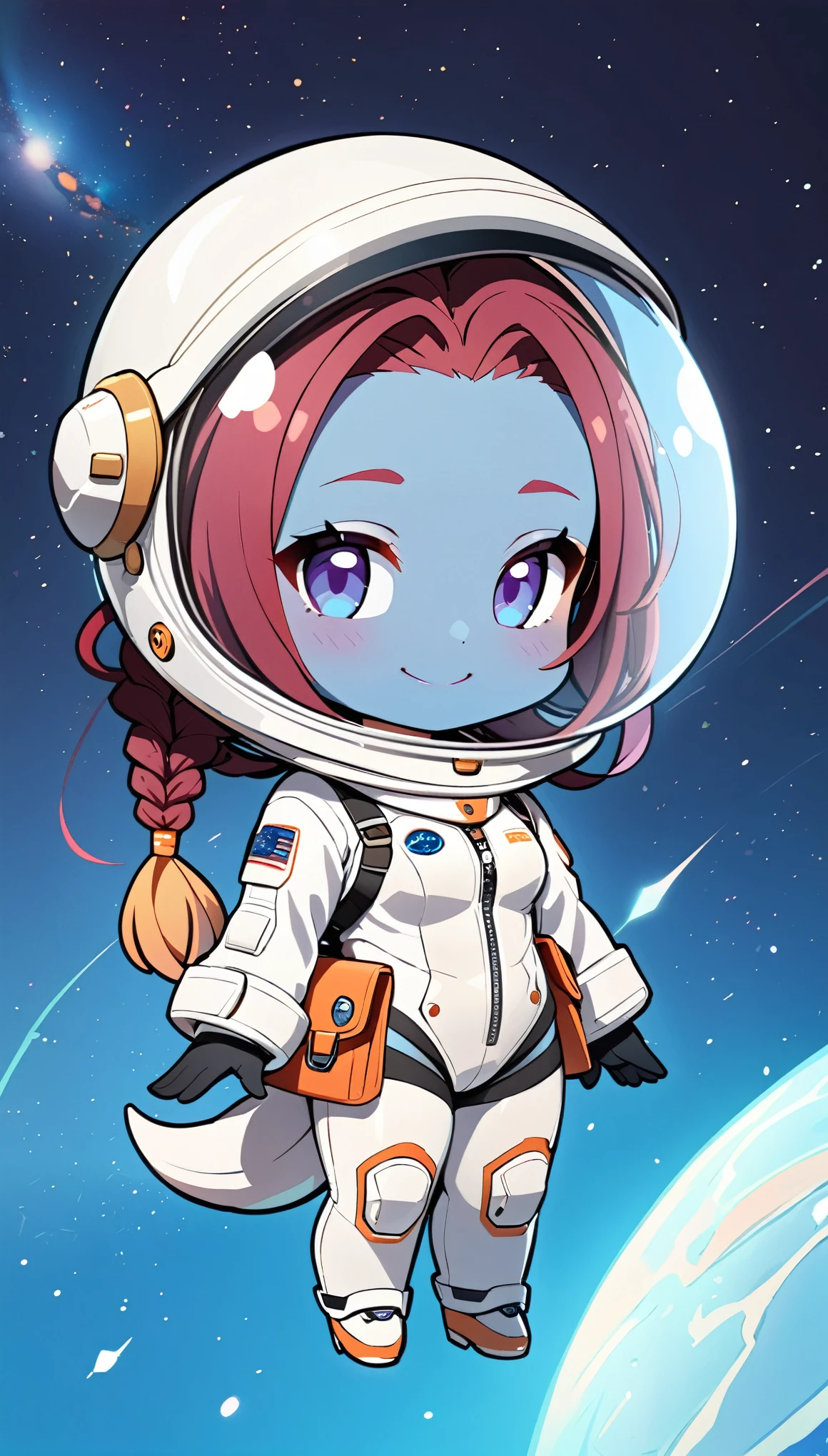 (alien woman),(Blue Skin),(Dreadlocks),(Cute tail),White space suit,(Cute Smile),(Subtly sexy),(chibi),(Chibi Character)