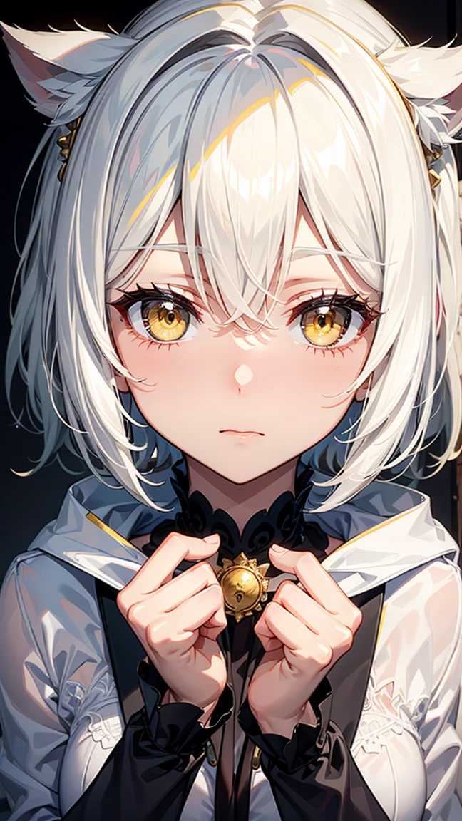 Short milky white hair,yellow eyes,lovely expression,a shy expression, that's why,Red fluffy skirt,blackstockings,navel and bare shoulder, Lie down on the soft bed,tilt your head,baki,Open your little mouth