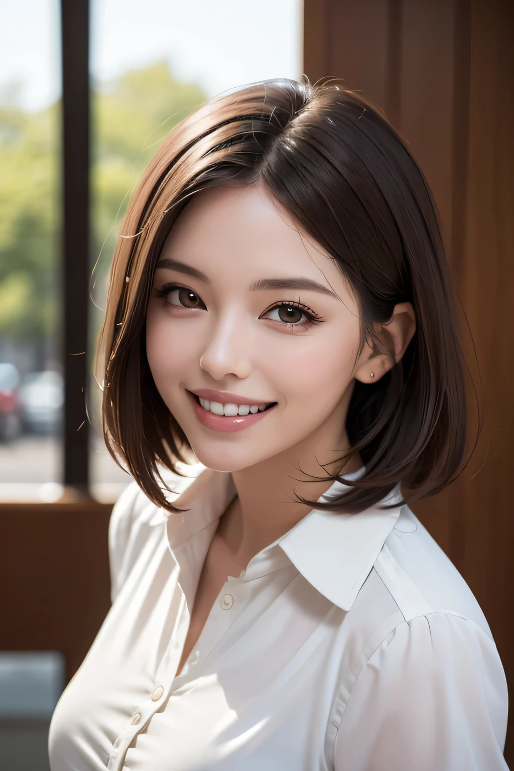 ((masterpiece)), ((Highest quality)), ((Complex)), ((Surreal)), (Realistic), (Mature Woman), ((No classes)), Very detailed, (1 female), Beautiful and exquisite, (Beautiful Teeth), Grin, Brunette bob hair, Brown eyes, ((blouse)), (Upper Body), (background:none), Perfect Eyes, Captivating eyes, Looking at the audience