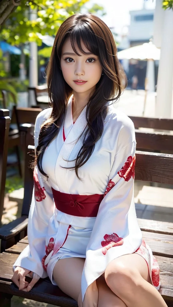masterpiece, Highest quality,16K, Ultra-high resolution,The light and shadow of reality,Cinema Lenses,((Very skinny)),((Her waist is so slim and beautiful)),((High nose、Small Mouth)),((Clean and slim face line)),((Big dark eyes with long eyelashes)),((Very small face))((Very slim and beautiful arms)),((She is very slim and has a great figure)),((Pure white beautiful skin)),((Cute Japanese Girls)),(((Red floral long sleeve kimono、Long sleeve yukata))),((Sitting on a bench in a stylish cafe)),(Beautiful Eyes:1.1),Reflecting clear eyes and a gentle smile,