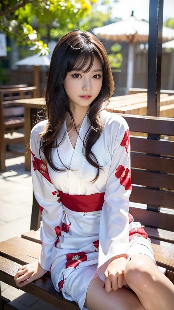 masterpiece, Highest quality,16K, Ultra-high resolution,The light and shadow of reality,Cinema Lenses,((Very skinny)),((Her waist is so slim and beautiful)),((High nose、Small Mouth)),((Clean and slim face line)),((Big dark eyes with long eyelashes)),((Very small face))((Very slim and beautiful arms)),((She is very slim and has a great figure)),((Pure white beautiful skin)),((Cute Japanese Girls)),(((Red floral long sleeve kimono、Long sleeve yukata))),((Sitting on a bench in a stylish cafe)),(Beautiful Eyes:1.1),Reflecting clear eyes and a gentle smile,