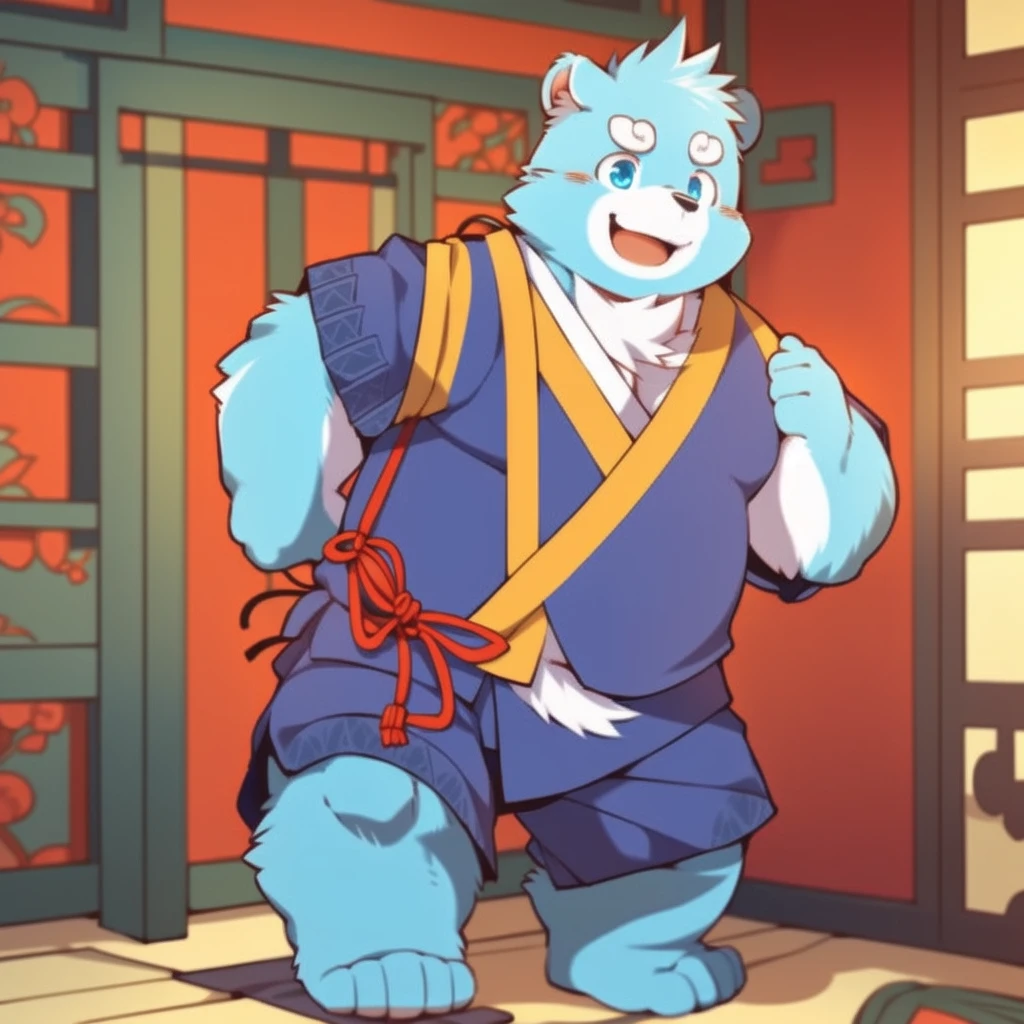 (by zixiong:1.1),(by takemoto arashi),(kemono:1.2),furry,shiquanhao,blue bear,1boy,blue fur,open mouth,animal ears,blue eyes,japanese clothes,bear ears,blue hair,fat,bear boy,(masterpiece),(very detailed),(best quality),alone,(detailed background:1.2),(smile:1.1),(detailed eye:1.2),chinese room,