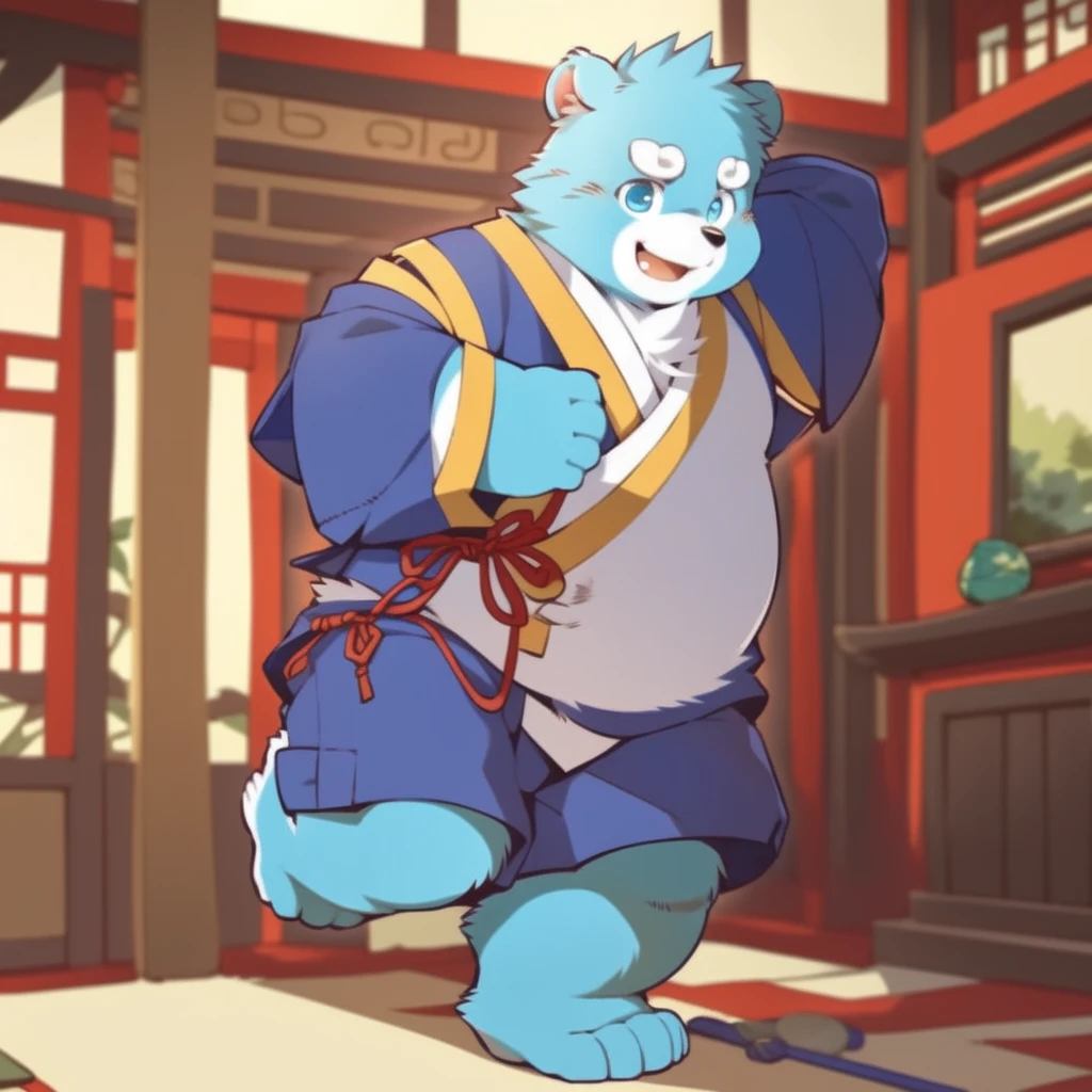 (by zixiong:1.1),(by takemoto arashi),(kemono:1.2),furry,shiquanhao,blue bear,1boy,blue fur,open mouth,animal ears,blue eyes,japanese clothes,bear ears,blue hair,fat,bear boy,(masterpiece),(very detailed),(best quality),alone,(detailed background:1.2),(smile:1.1),(detailed eye:1.2),chinese room,